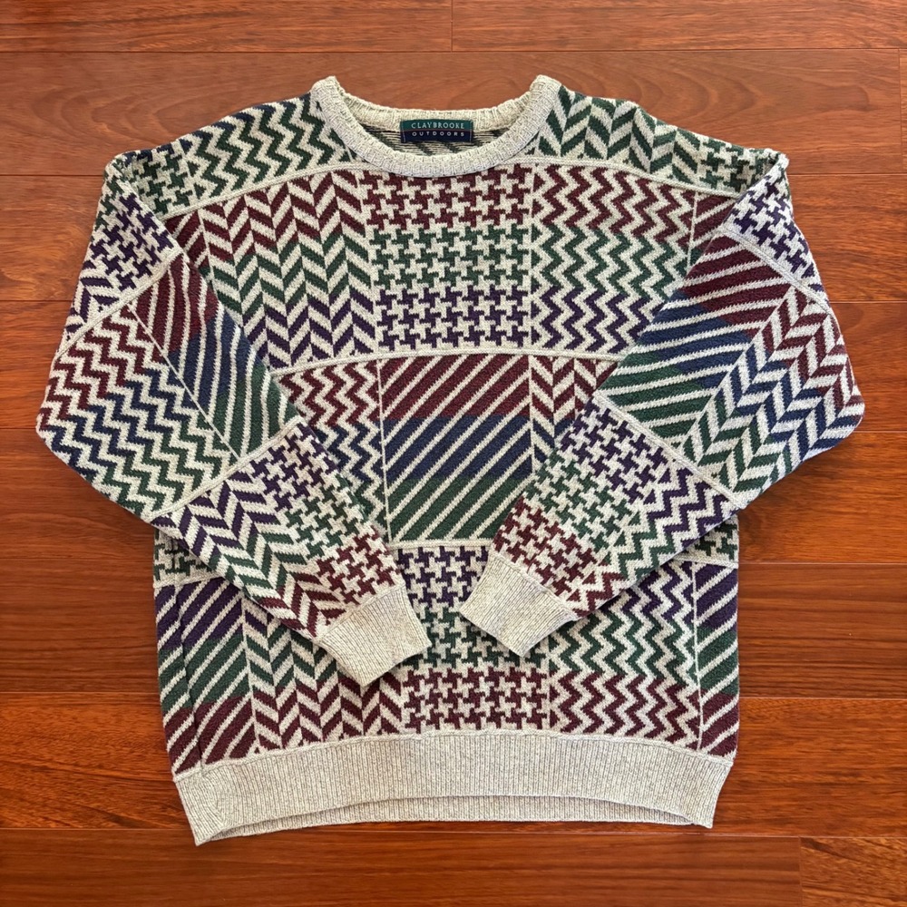Claybrooke Outdoors Mens Patchwork Knit Sweater L Multicolor Houndstooth Chevron